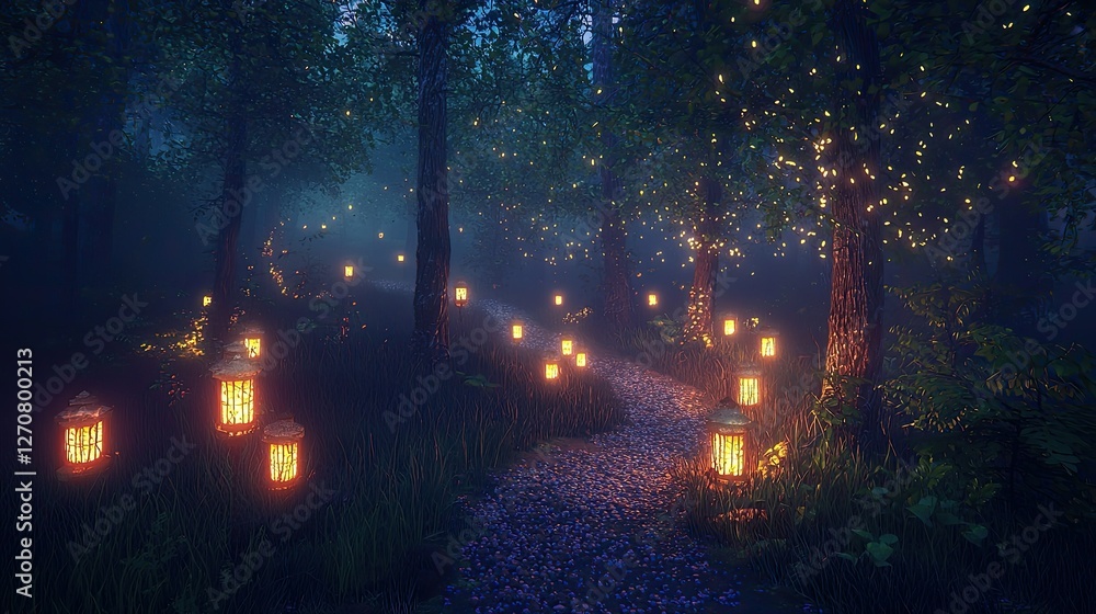 Poster enchanted forest pathway with lanterns and soft mystical glow