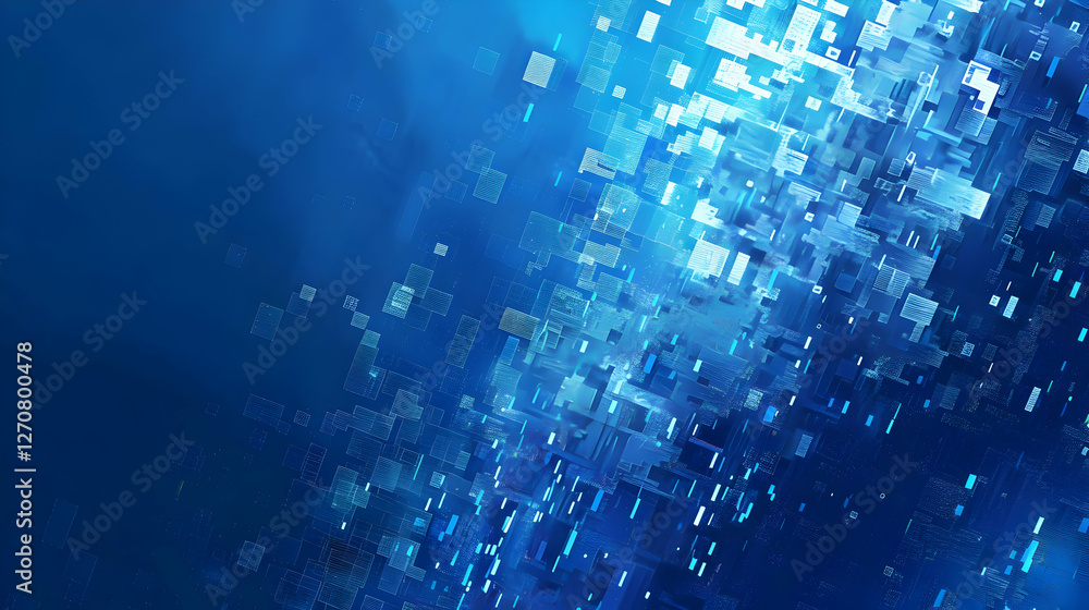 Poster abstract blue digital background with floating geometric shapes and light effects