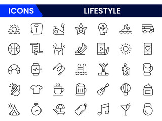 Lifestyle icon set. Containing healthy lifestyle, diet, exercise, sleep, relationships, running, routine, self-care, culture and hobbies icons.