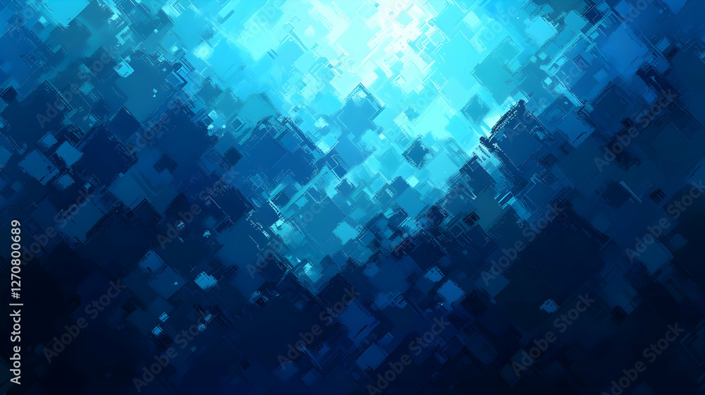 Poster abstract blue and teal geometric pattern with varying shapes and shades, creating a serene underwate