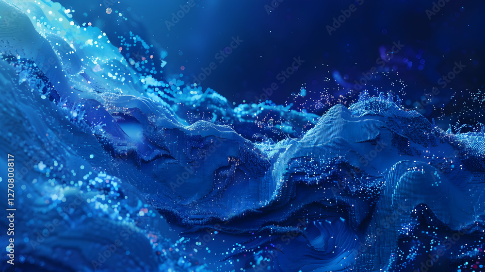 Poster abstract ocean waves in vibrant blue tones with sparkling elements and depth perception