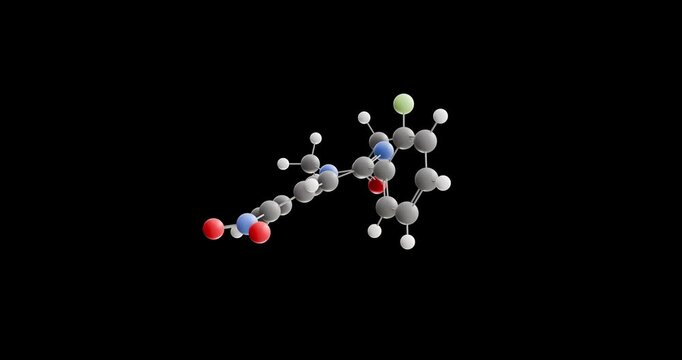 Flunitrazepam molecule, rotating 3D model of benzodiazepine, looped video on a black background