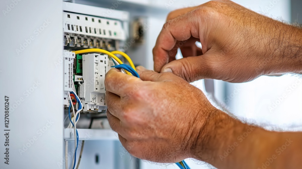 Poster close-up of technician installing electrical wiring in a control panel with hands working on circuit