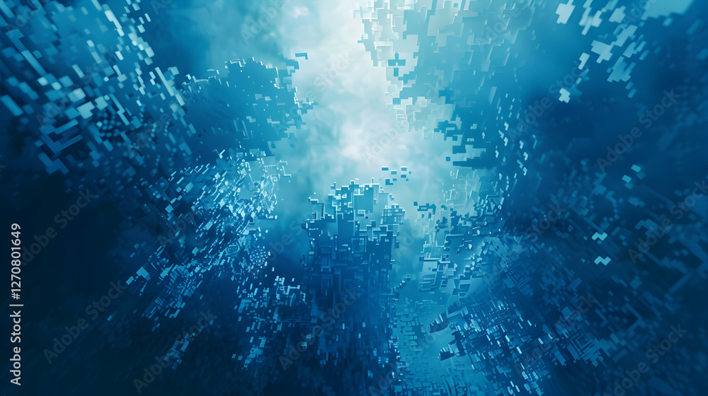 Poster abstract underwater scene with digital particles creating a sense of depth and movement