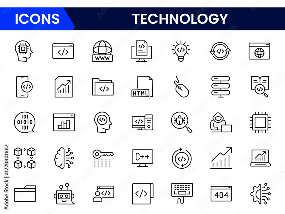 Poster technology line icons collection. thin outline icons pack. ui icon collection. set of line web picto