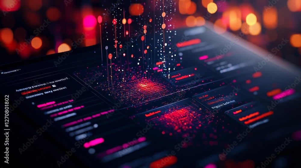 Poster abstract digital interface with vibrant data visualization and glowing highlights.