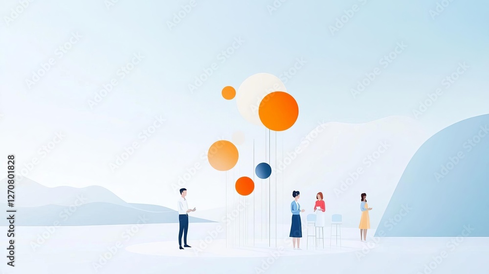Poster modern business team collaboration with colorful abstract elements in a creative space.