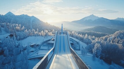 Ski jump, sunrise, snowy mountains, winter sports, aerial view