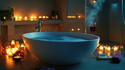 Romantic bath, candles, wine, steamy water.