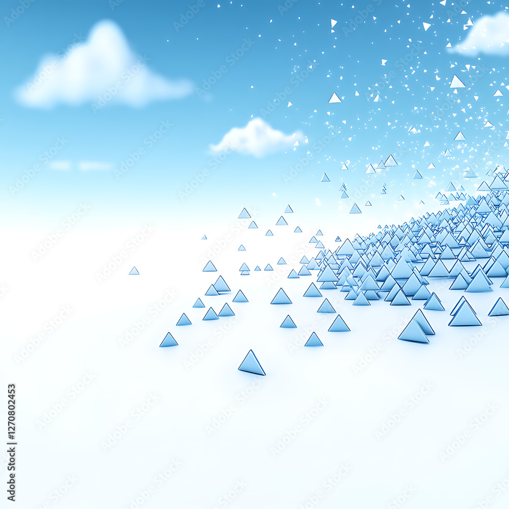 Poster pyramidal peak ascending to the sky with scattered elements and ethereal clouds in the background