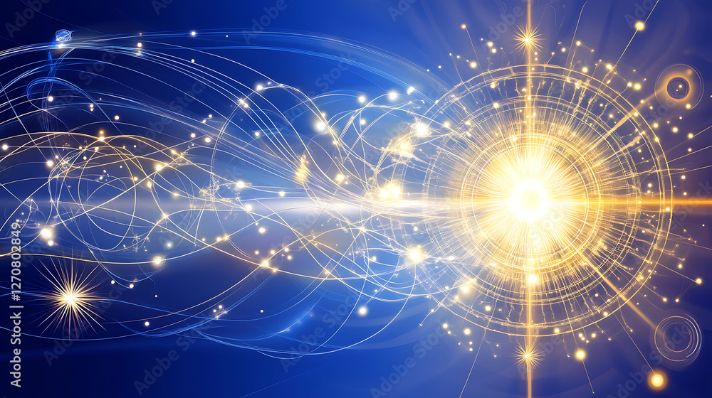 Poster quantum network interconnection with particle emission and light effects in conceptual art design
