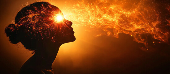 Surreal digital art of a woman's silhouette radiating cosmic energy on a warm gradient, perfect for wellness events, meditation workshops, or inspirational content.