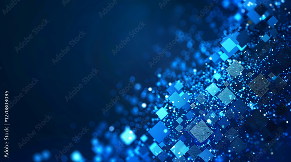 Poster abstract blue background with shimmering squares and light effects creating a dynamic atmosphere