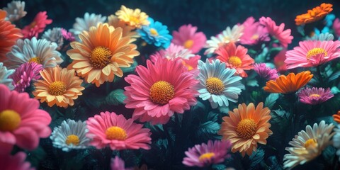 3D render of colorful daisies and chrysanthemums on a dark background