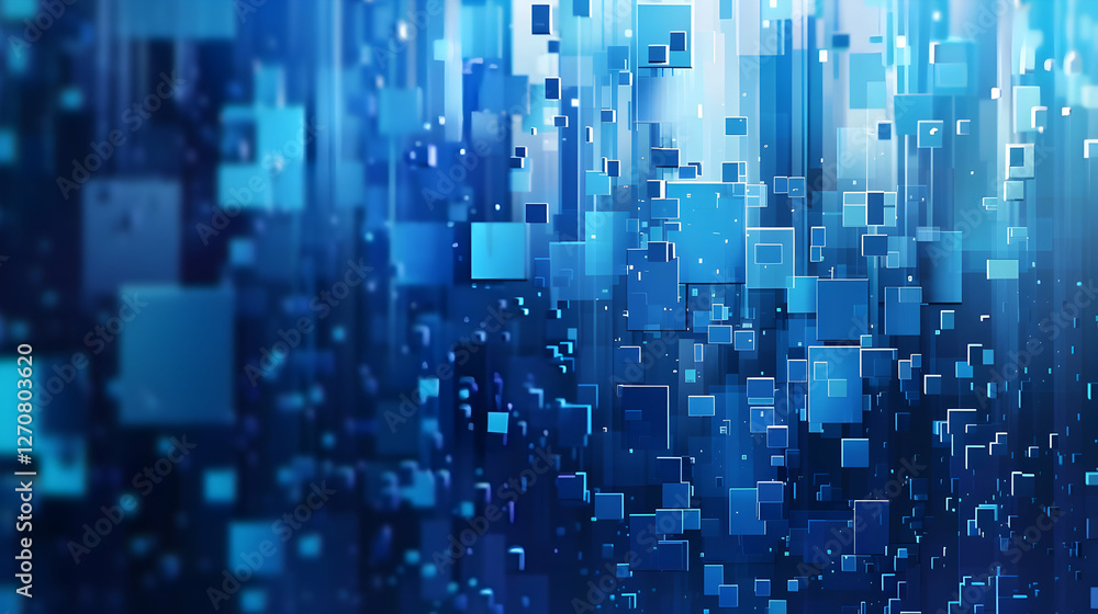 Poster abstract digital background featuring blue squares and rectangles creating a sense of depth and move