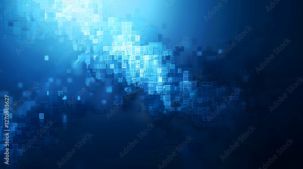 Poster abstract blue digital background with pixelated patterns and light effects creating depth