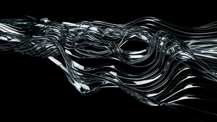 Abstract 3D rendering of metallic bands on a black background