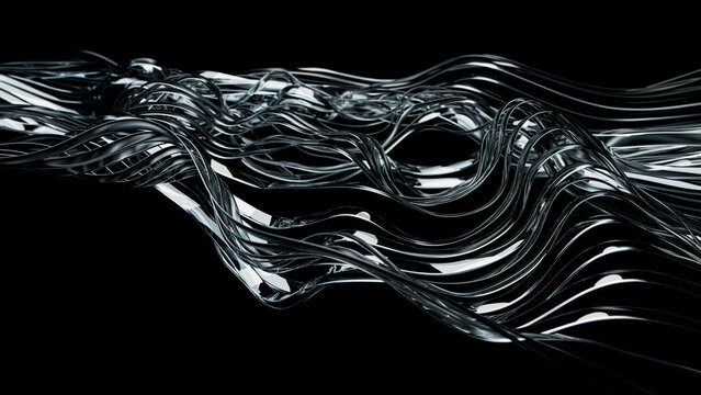 Abstract 3D rendering of metallic bands on a black background