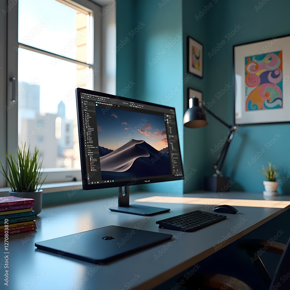 Fototapete a high-resolution png image of a sleek, modern workspace featuring a minimalist desk setup with a la