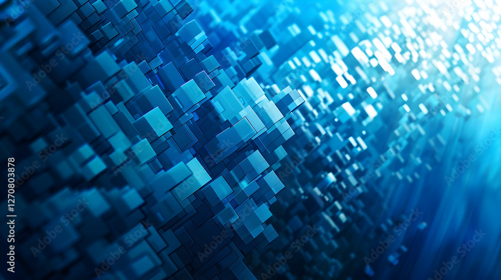 Poster abstract digital background featuring blue cubes and light patterns creating depth and motion