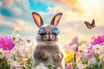 Cool bunny in sunglasses, spring flowers, sunset. Easter card