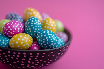 Colorful polka-dotted Easter eggs in a decorative black bowl on a pink background
