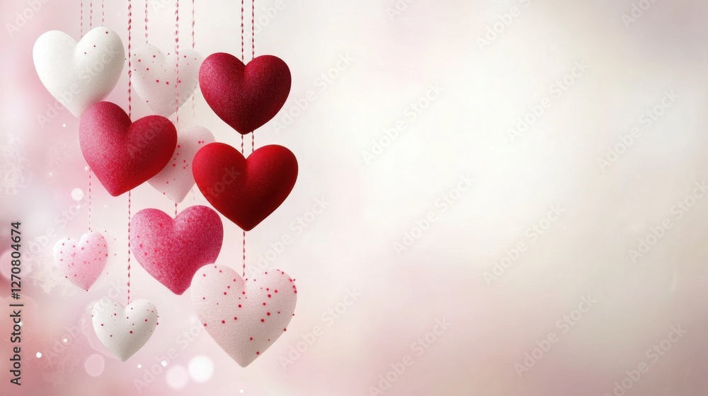 Fototapete Valentine-themed card design with red, white, and pink hearts hanging from strings on a soft rose background. Ample space for text