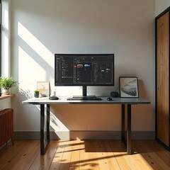 A high-resolution PNG image of a sleek, modern workspace featuring a minimalist desk setup with a large monitor displaying a design software interface, surrounded by creative tools such as a graphics 