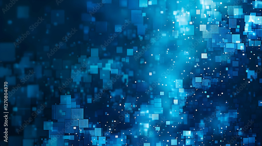 Poster abstract blue digital background with shimmering squares and glowing particles, suitable for tech th