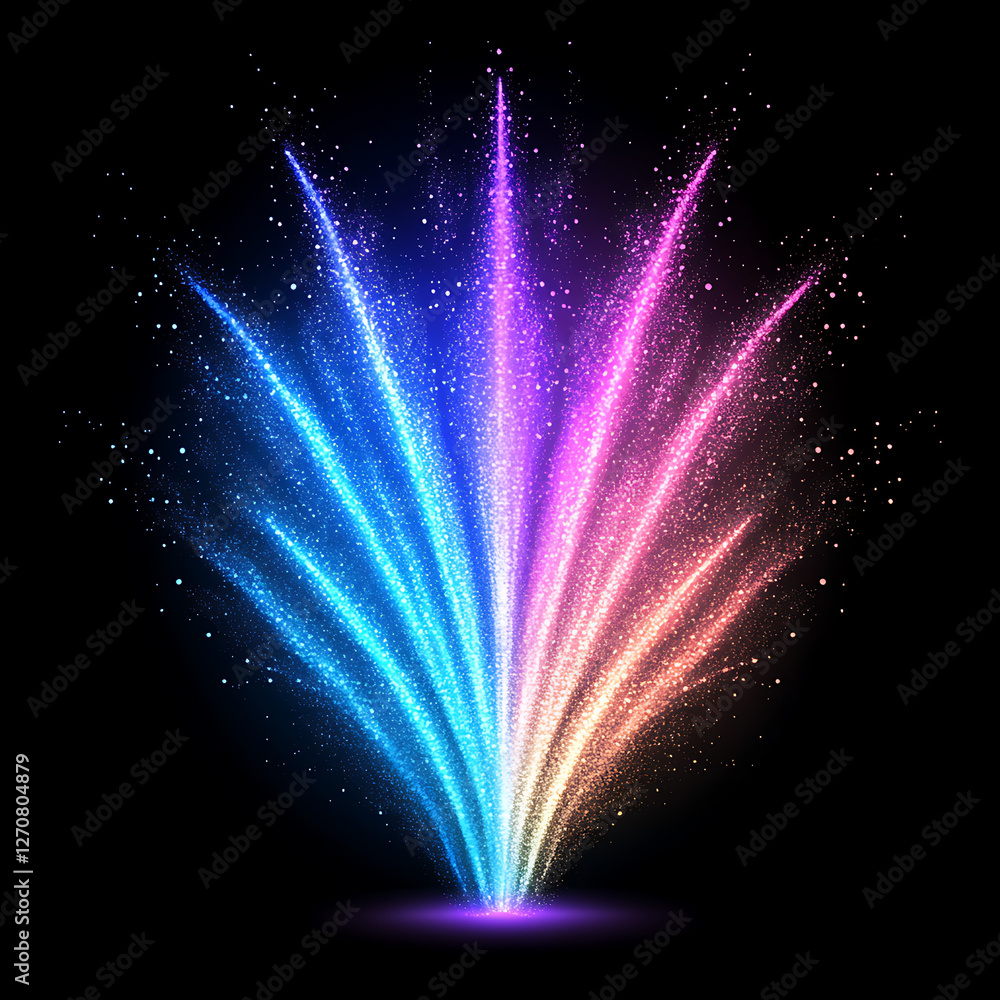 Poster radiant light beams bursting from source of energy with colorful sparkle effects in dark background