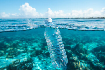 A plastic bottle floating above sea level, pollution of the sea