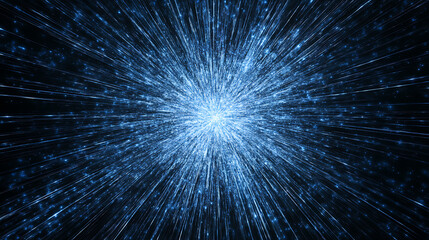 Radiant Light Burst from Hyperspace Tunnel with Electric Blue Hue and Starry Accompanying Streaks