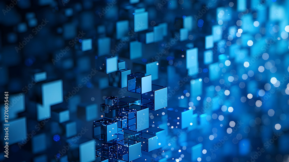 Poster abstract blue digital background with floating cubes and particles creating a 3d effect