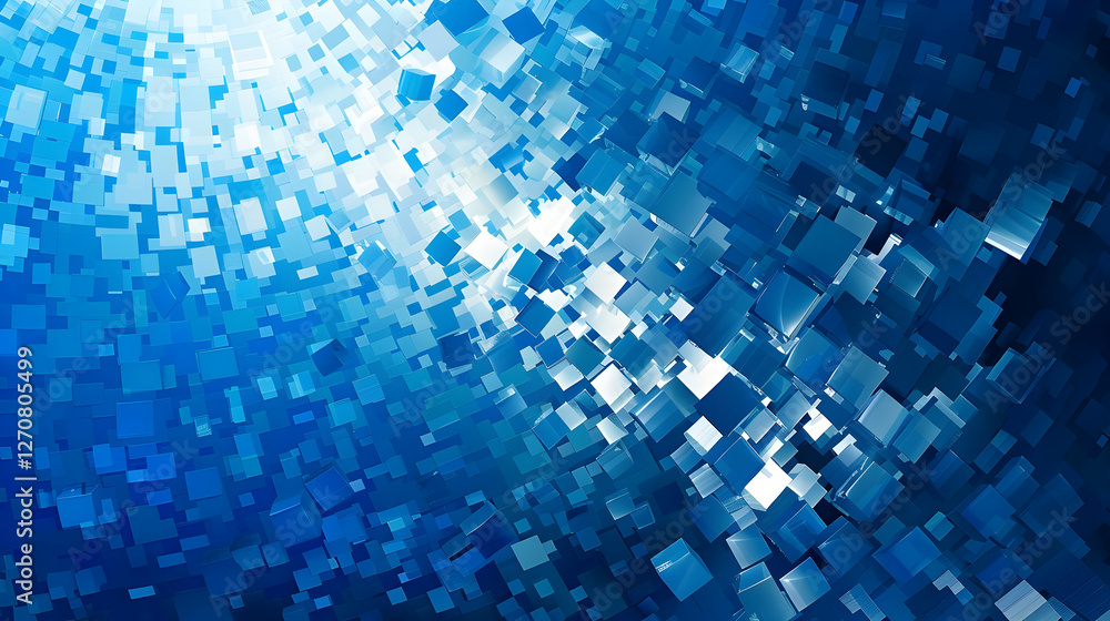 Poster abstract blue background with scattered 3d cubes creating a dynamic, modern visual effect