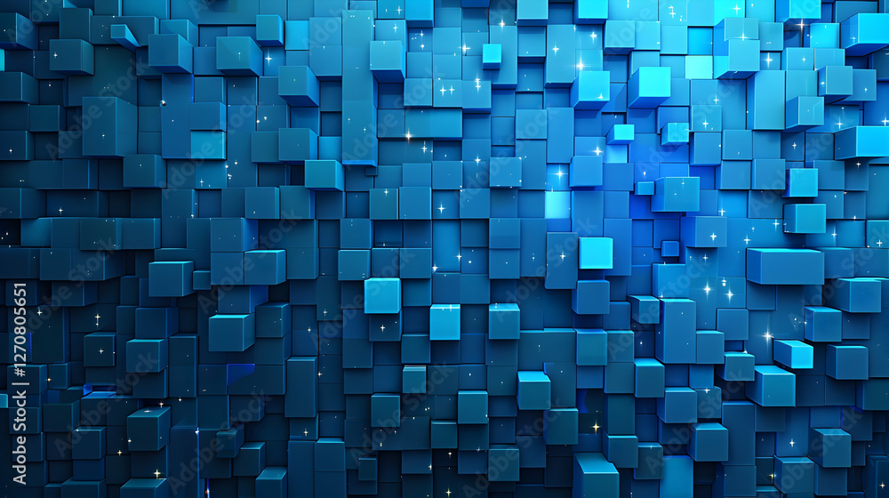 Poster abstract blue geometric background with cubes creating a 3d effect and dynamic lighting