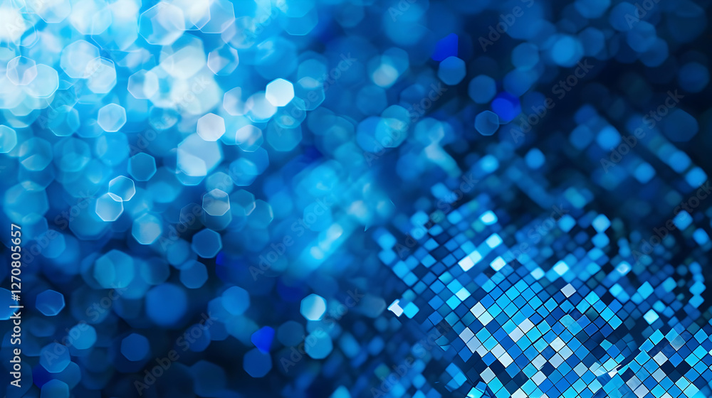 Poster abstract blue bokeh background featuring shimmering hexagonal shapes and light reflections
