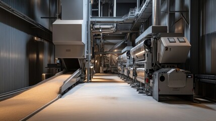 Fototapeta premium Grain processing plant interior, conveyor belt, machinery, industrial production, food manufacturing