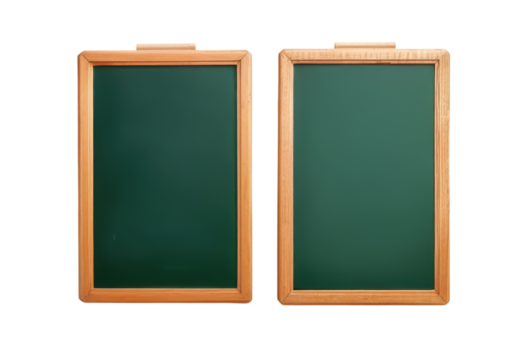 Empty green chalkboards with wooden frames on transparent background