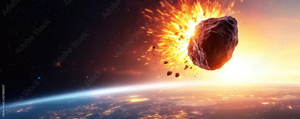Poster asteroid impact concept. an asteroid collides with earth, creating a stunning visual explosion in sp