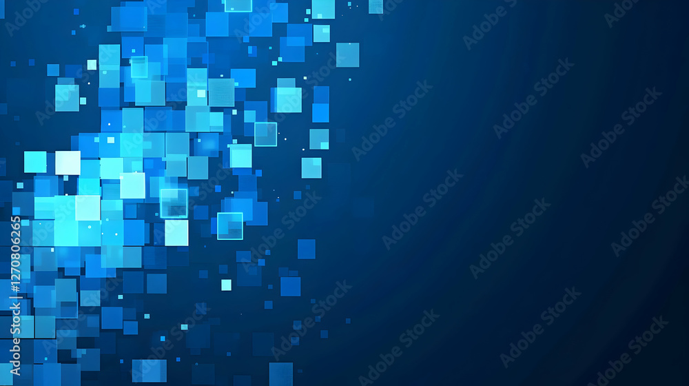 Poster abstract blue digital background with scattered square pixels creating a modern design effect