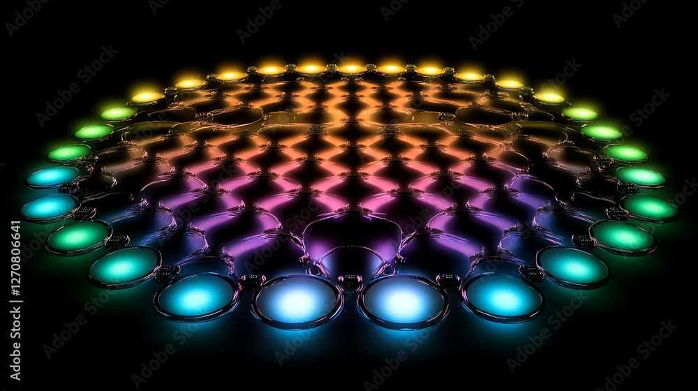 Poster rainbow array of luminous discs arranged in gradient pattern on dark background digital artwork