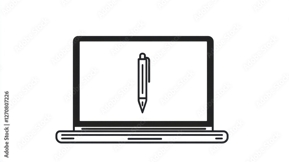 Poster laptop screen showing pen icon; digital writing; simple background; website design