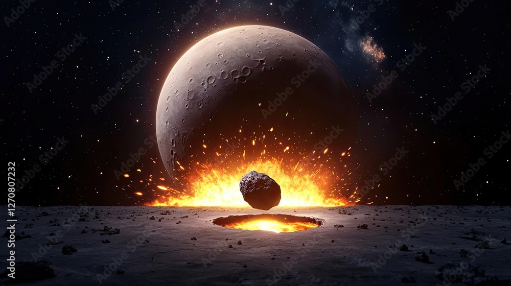 Poster asteroid impact concept. a captivating view of a celestial event with a planet and an explosion in s