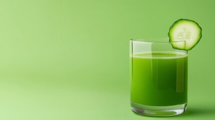 Minimalist Glass of Green Snake Gourd Juice with Cucumber Slice on Green