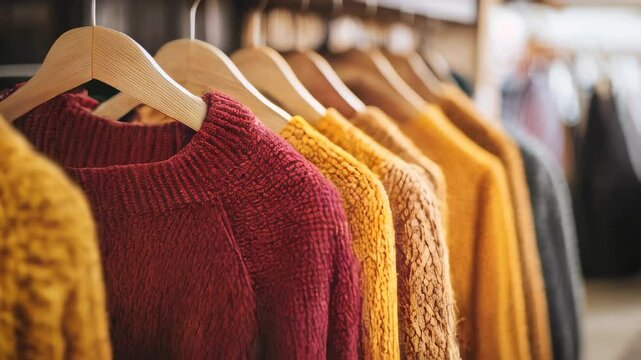 Colorful collection of knitted sweaters on display in a cozy shop during autumn season