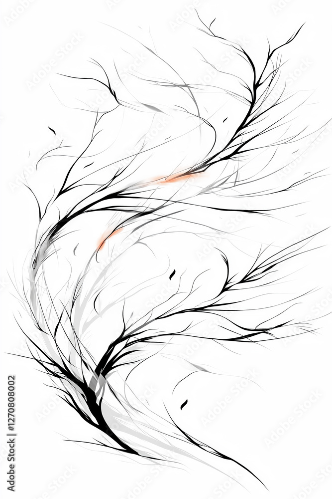 Poster minimalist abstract black tree branches with flowing motion on a white background