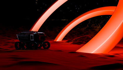 3D render of a futuristic rover exploring a glowing ringed landscape on Mars