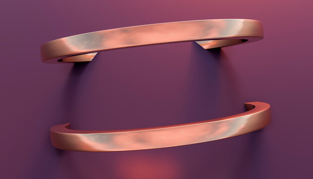 3D render of metallic rings in an abstract architectural space at sunset