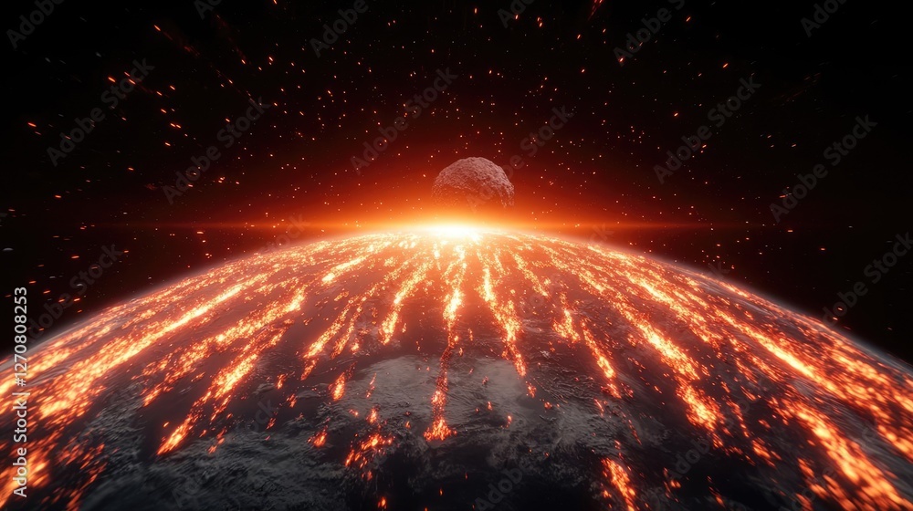 Poster asteroid impact idea. stunning view of a planet erupting with lava and glowing with intense heat fro