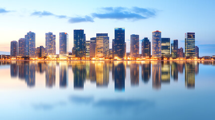 Fototapeta premium Reflective Waterscape of Urban Buildings at Twilight hour Cityscape panorama Skyline view